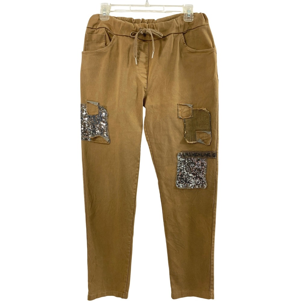 Flora Ashley Pants Women Small 30" W Brown Sequin Patchwork Boho Eclectic Casual